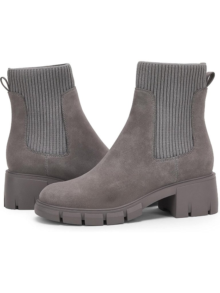 Women's Grey Rubber Platform Elastic Chunky Block Heel Chelsea Booties